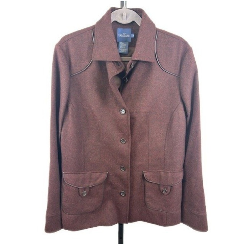 Faconnable Blazer Men's XL Burgundy Wool Blend Jacket Leather‎ Trim Button Front